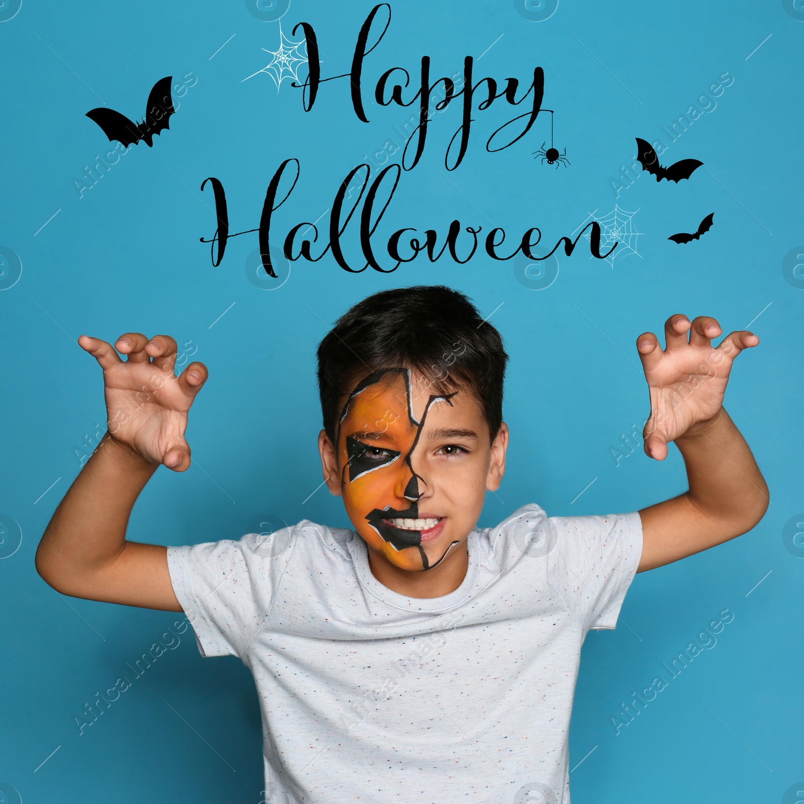 Image of Happy Halloween greeting card design. Little boy with painted face on light blue background