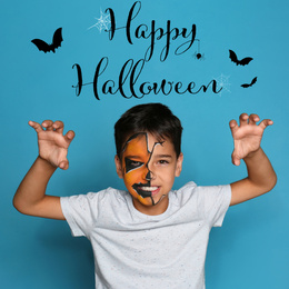 Image of Happy Halloween greeting card design. Little boy with painted face on light blue background