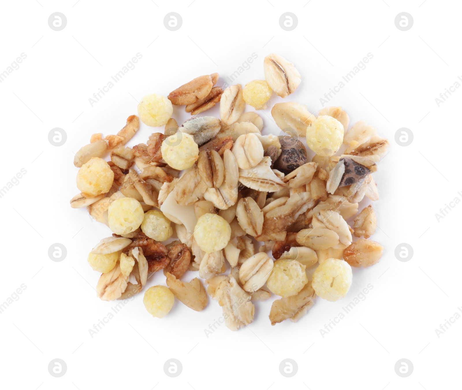 Photo of Pile of granola on white background, top view. Healthy snack