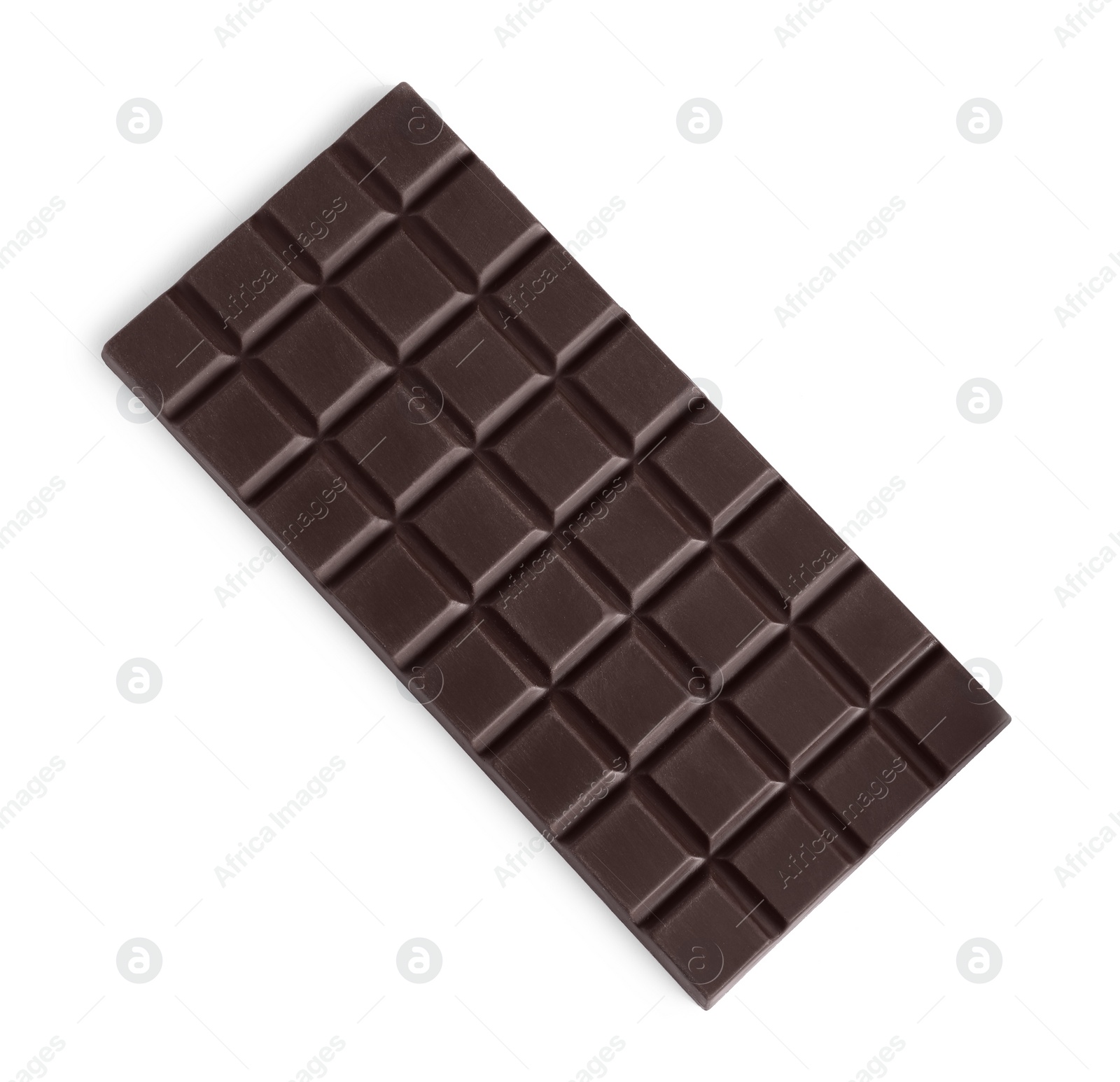 Photo of Delicious dark chocolate bar isolated on white, top view