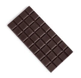 Delicious dark chocolate bar isolated on white, top view