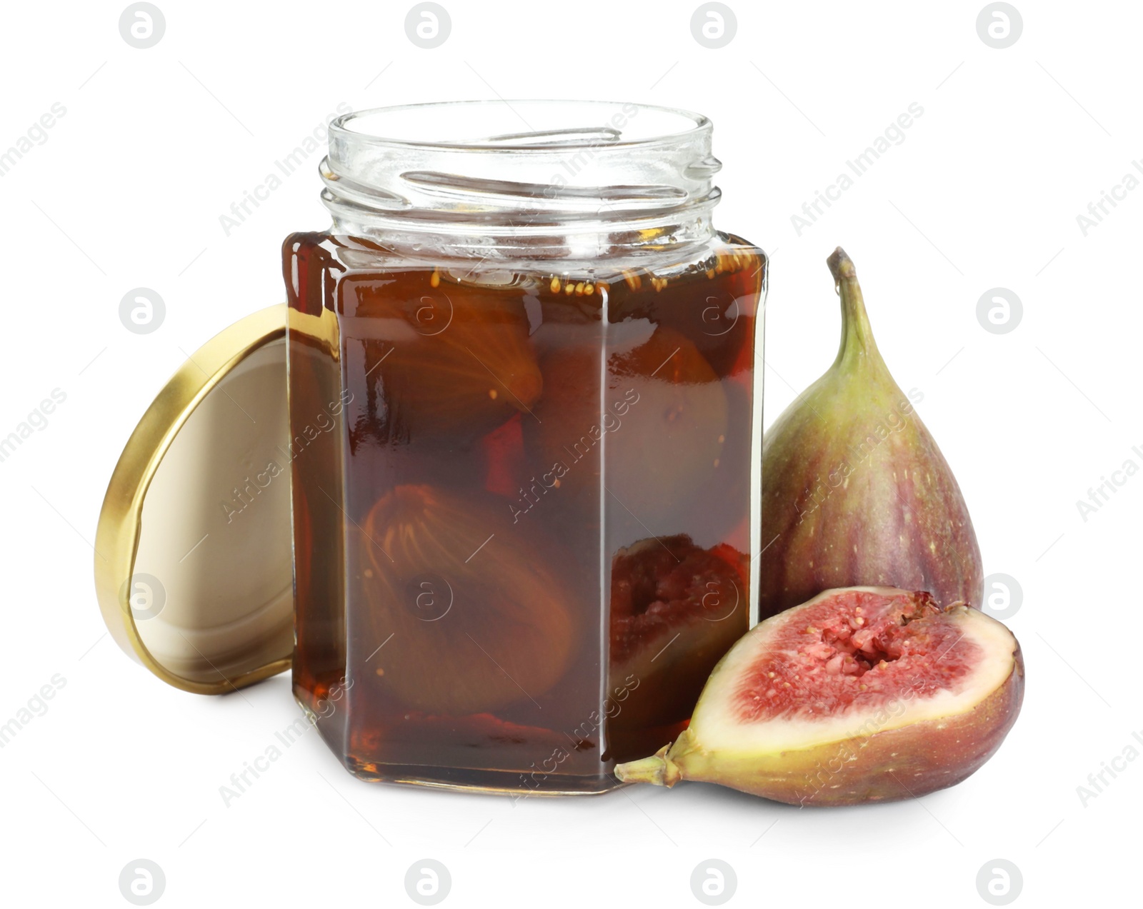 Photo of Jar of tasty sweet jam and fresh figs isolated on white