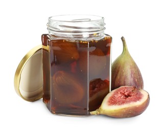 Photo of Jar of tasty sweet jam and fresh figs isolated on white