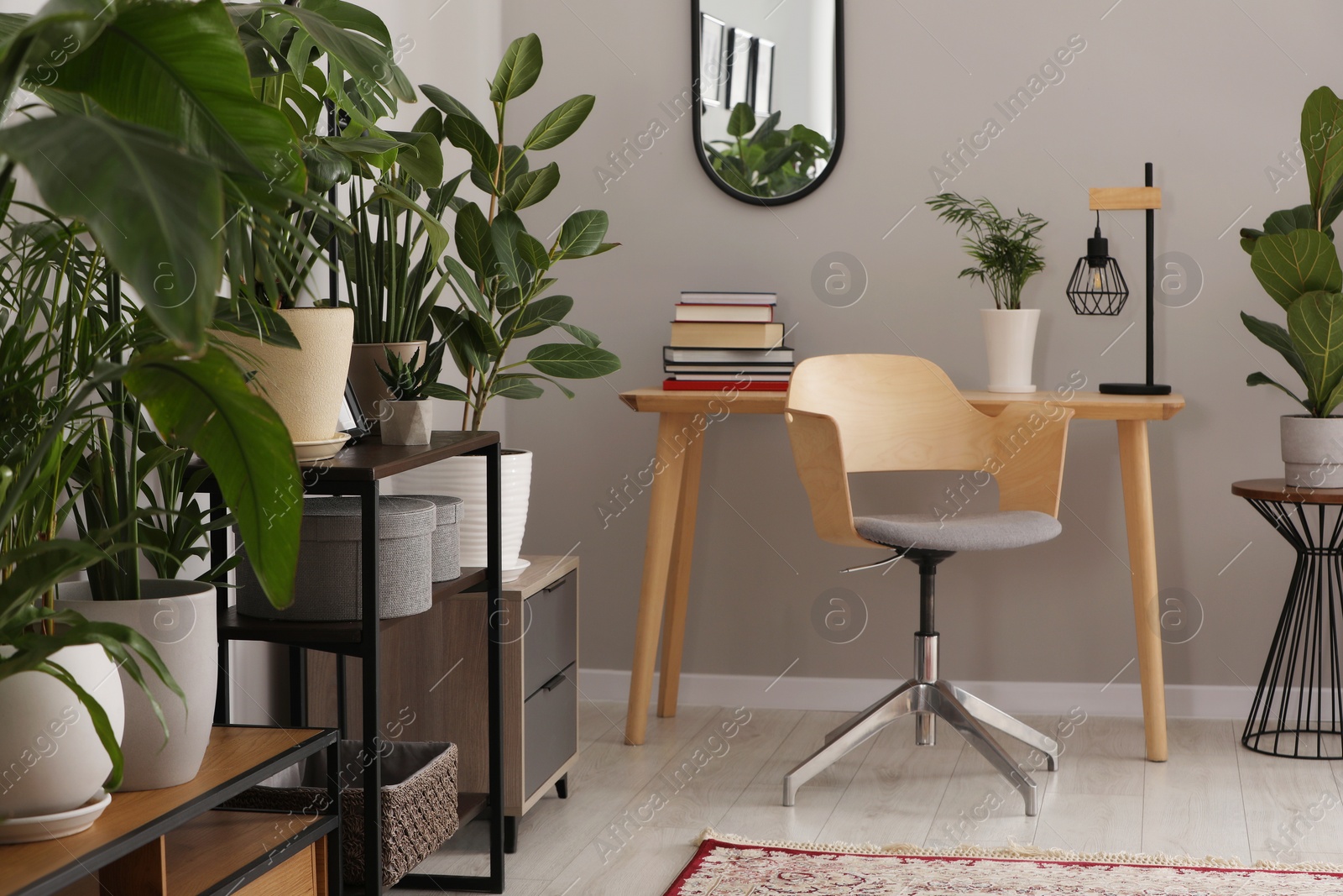 Photo of Cozy room interior with stylish furniture, houseplants and decor elements