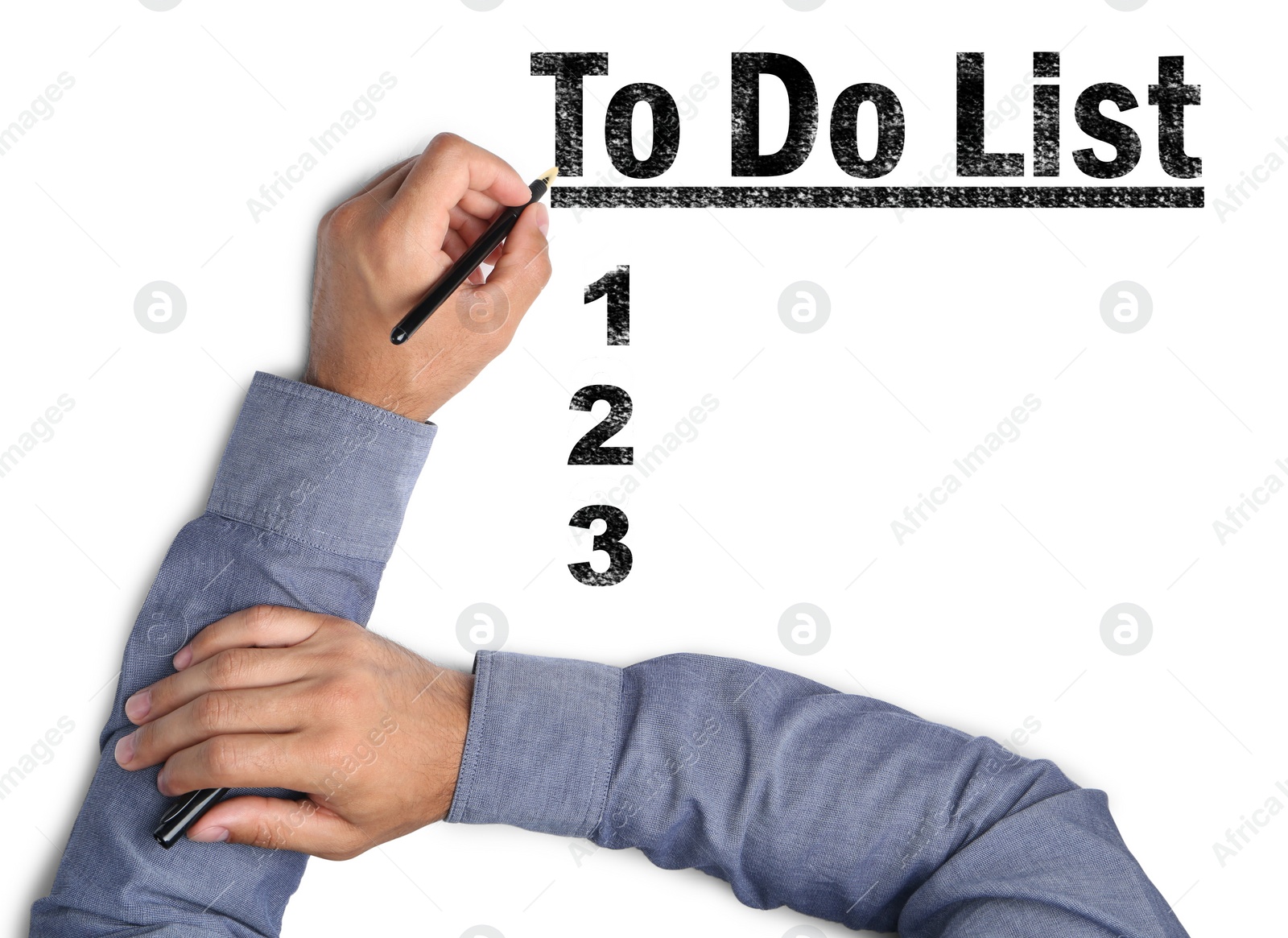 Image of Man writing words To Do List with pen on white paper, top view