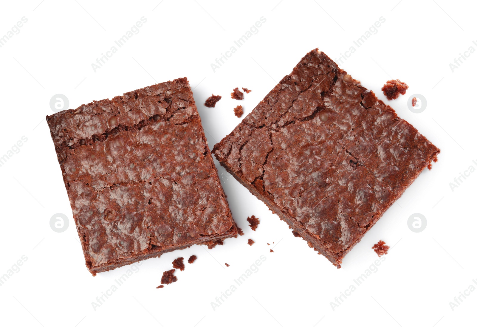 Photo of Delicious chocolate brownies on white background, top view