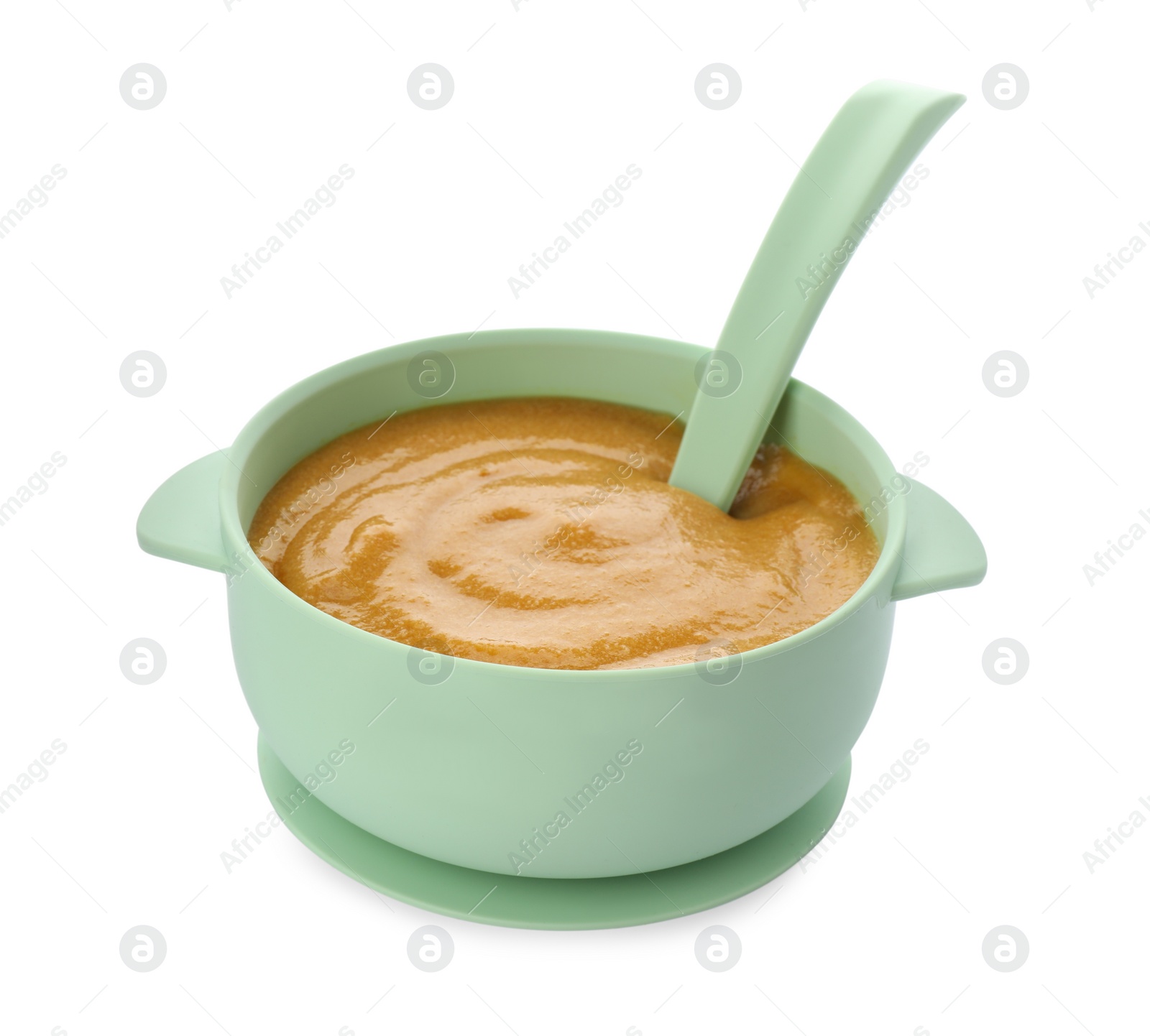 Photo of Healthy baby food in bowl on white background