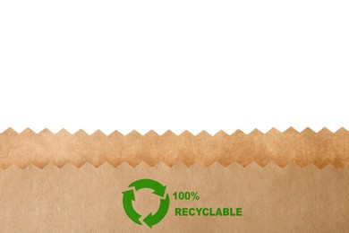 Image of Paper bag with recycling symbol on white background. Eco friendly package