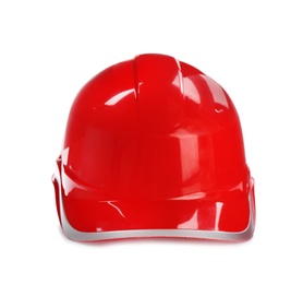 Photo of Modern hard hat isolated on white. Construction tools