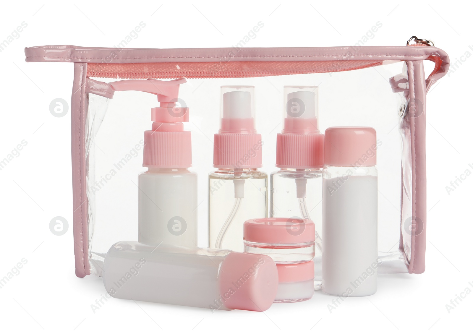 Photo of Cosmetic travel kit with plastic bag isolated on white