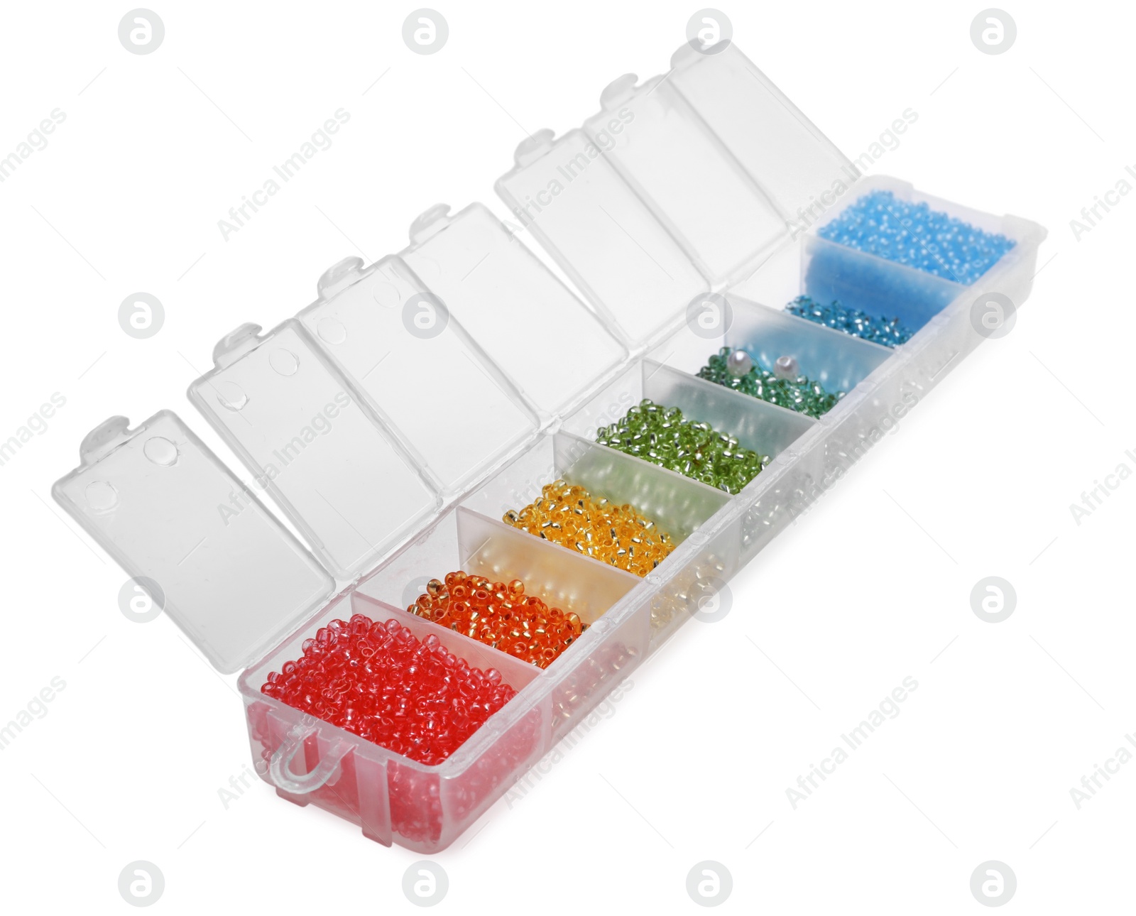 Photo of Plastic organizer with different beads on white background