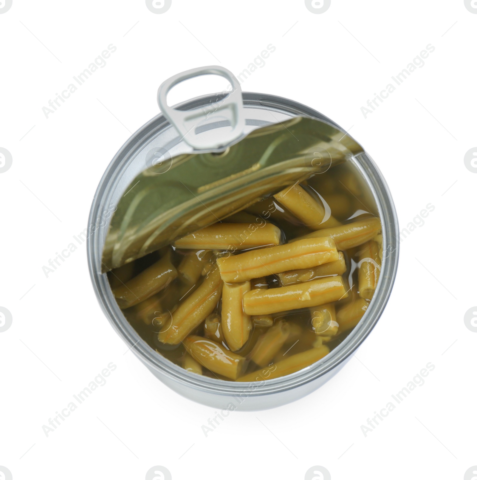 Photo of Conserved green beans in can isolated on white, top view