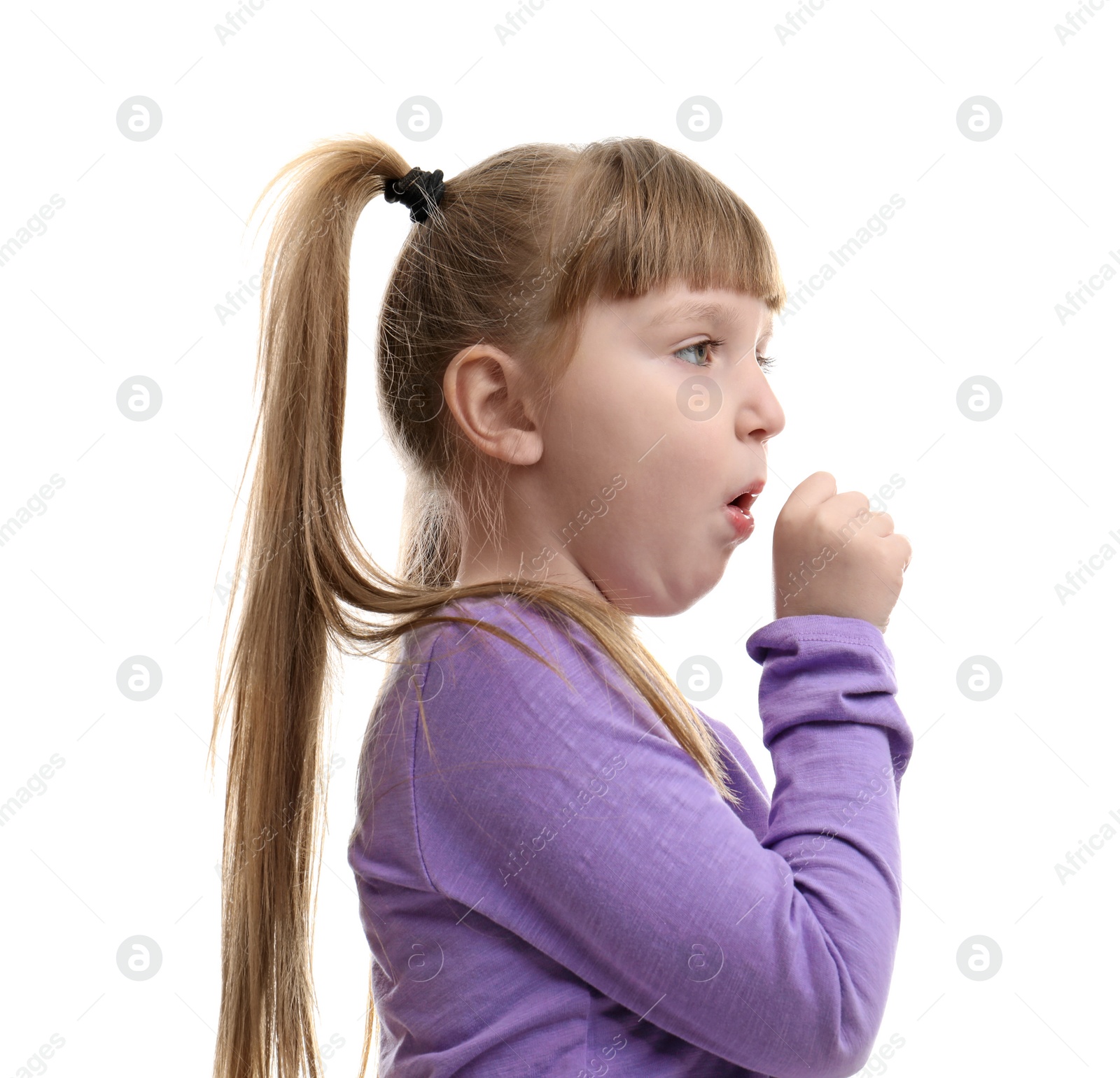 Photo of Cute little girl coughing against white background