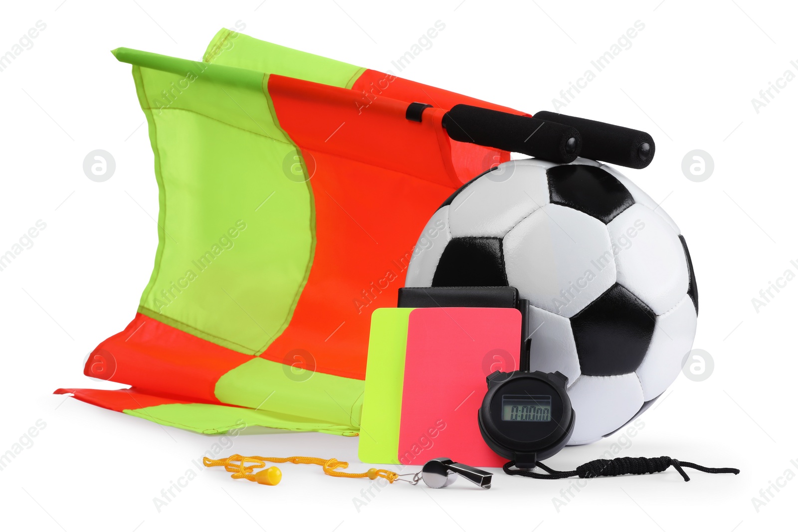 Photo of Football referee equipment. Soccer ball, flags, stopwatch, cards and whistle isolated on white