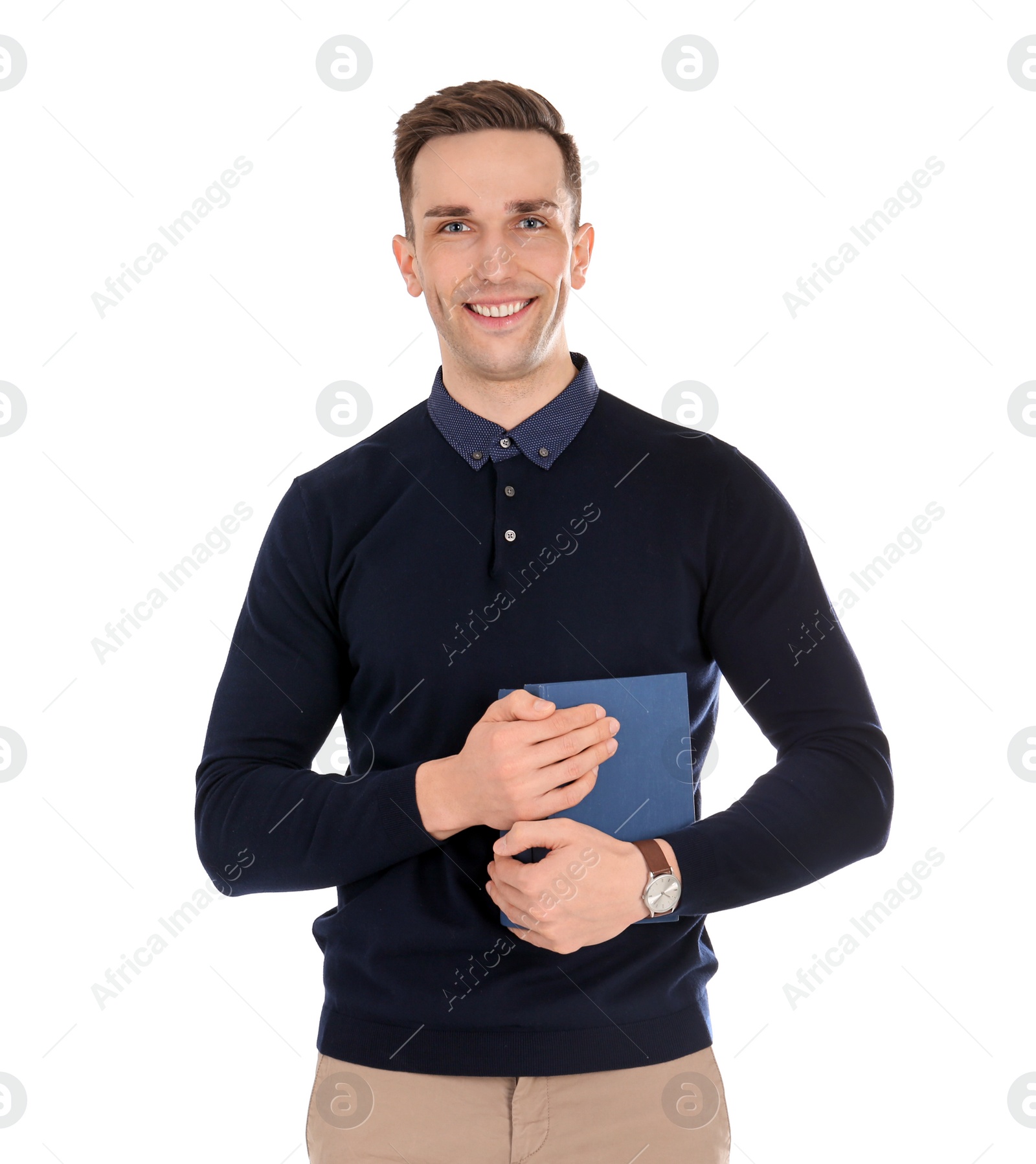 Photo of Young male teacher with books on white background