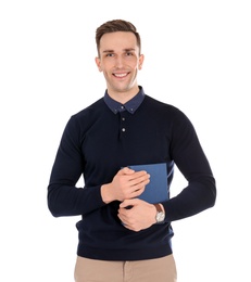 Young male teacher with books on white background