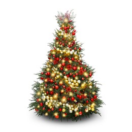 Image of Christmas tree decorated with ornaments and festive lights isolated on white