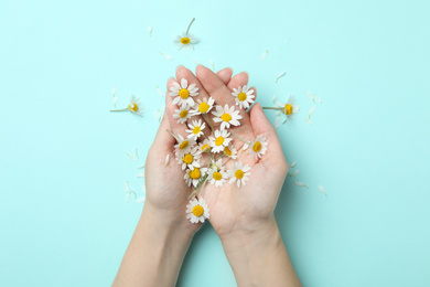 Photo of Woman holding chamomiles on light background, top view