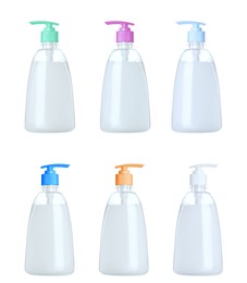 Image of Set with bottles of liquid soap on white background