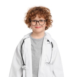 Little boy in medical uniform with stethoscope on white background