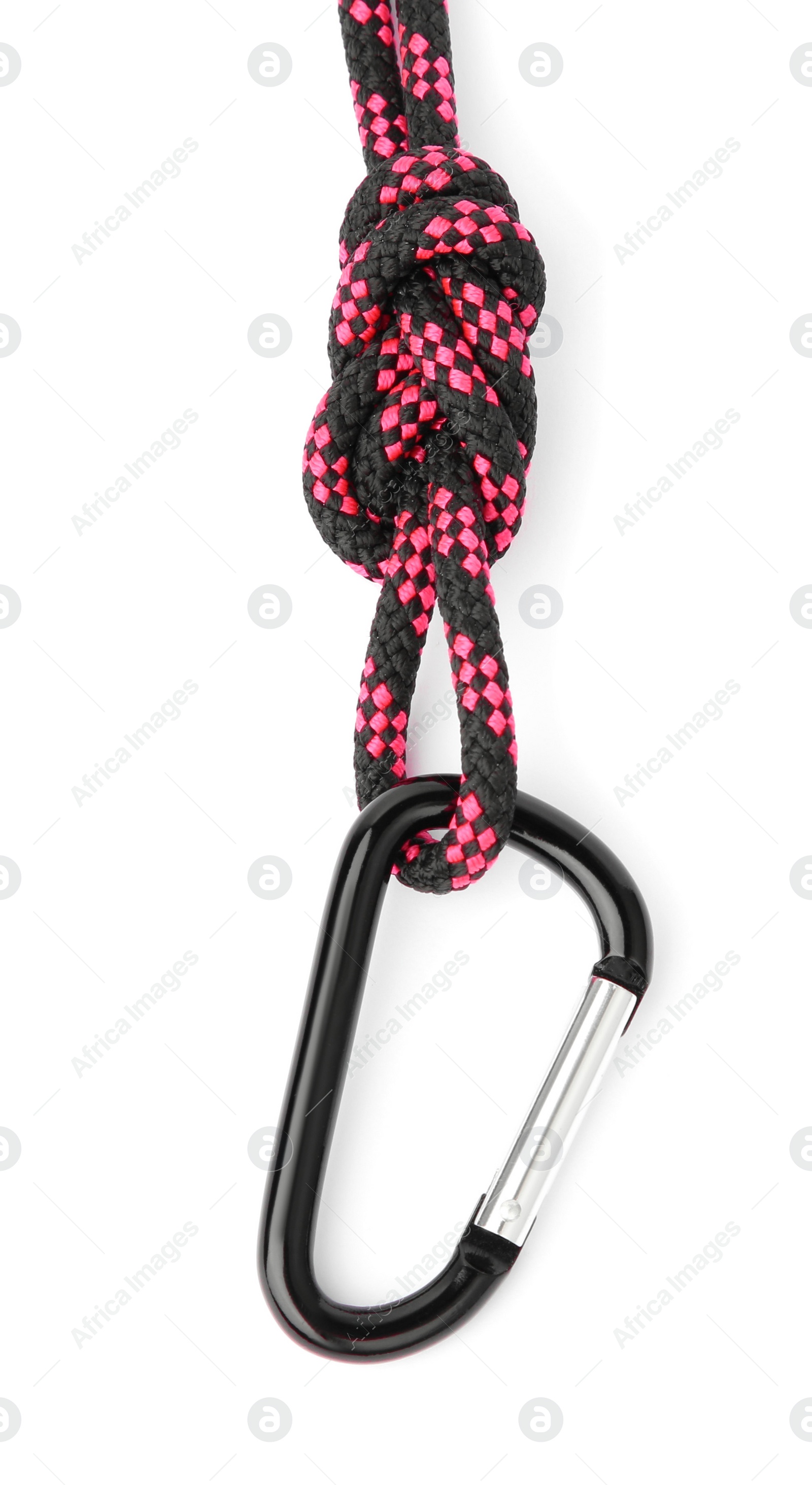Photo of One metal carabiner with rope isolated on white, top view