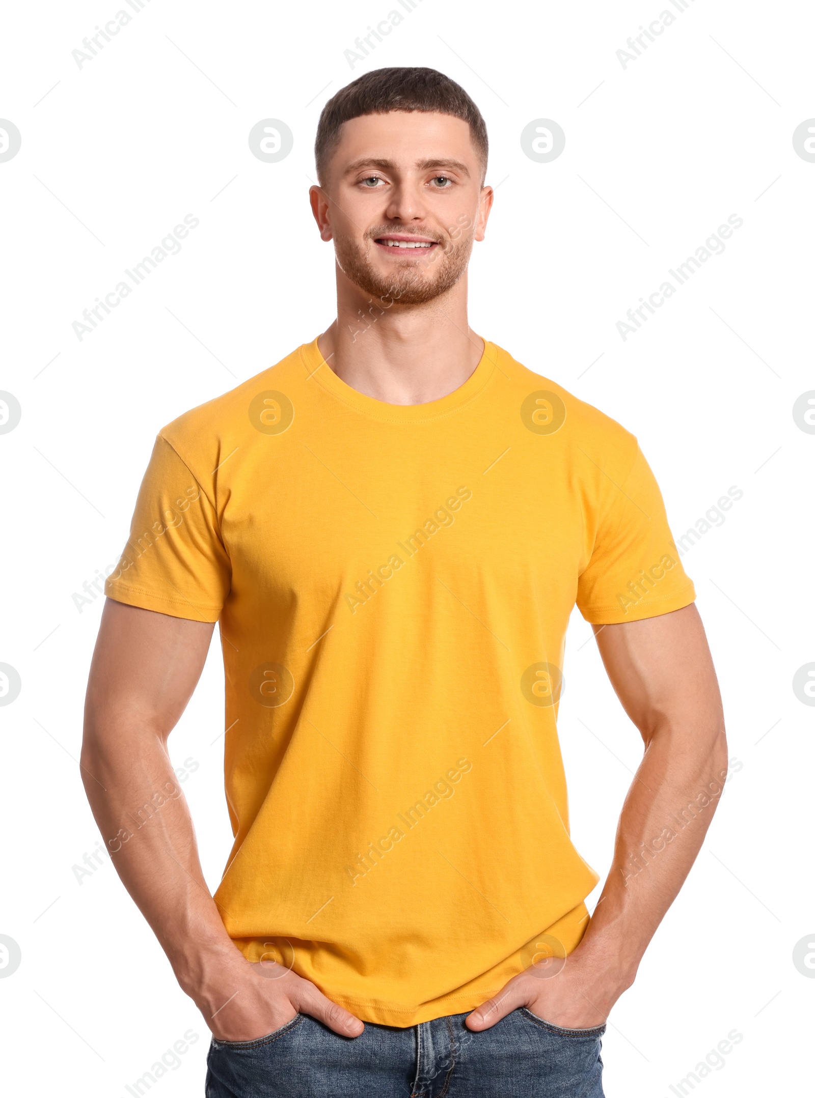 Photo of Man wearing yellow t-shirt on white background. Mockup for design