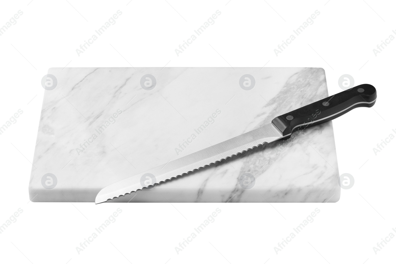 Photo of Bread knife and marble board isolated on white