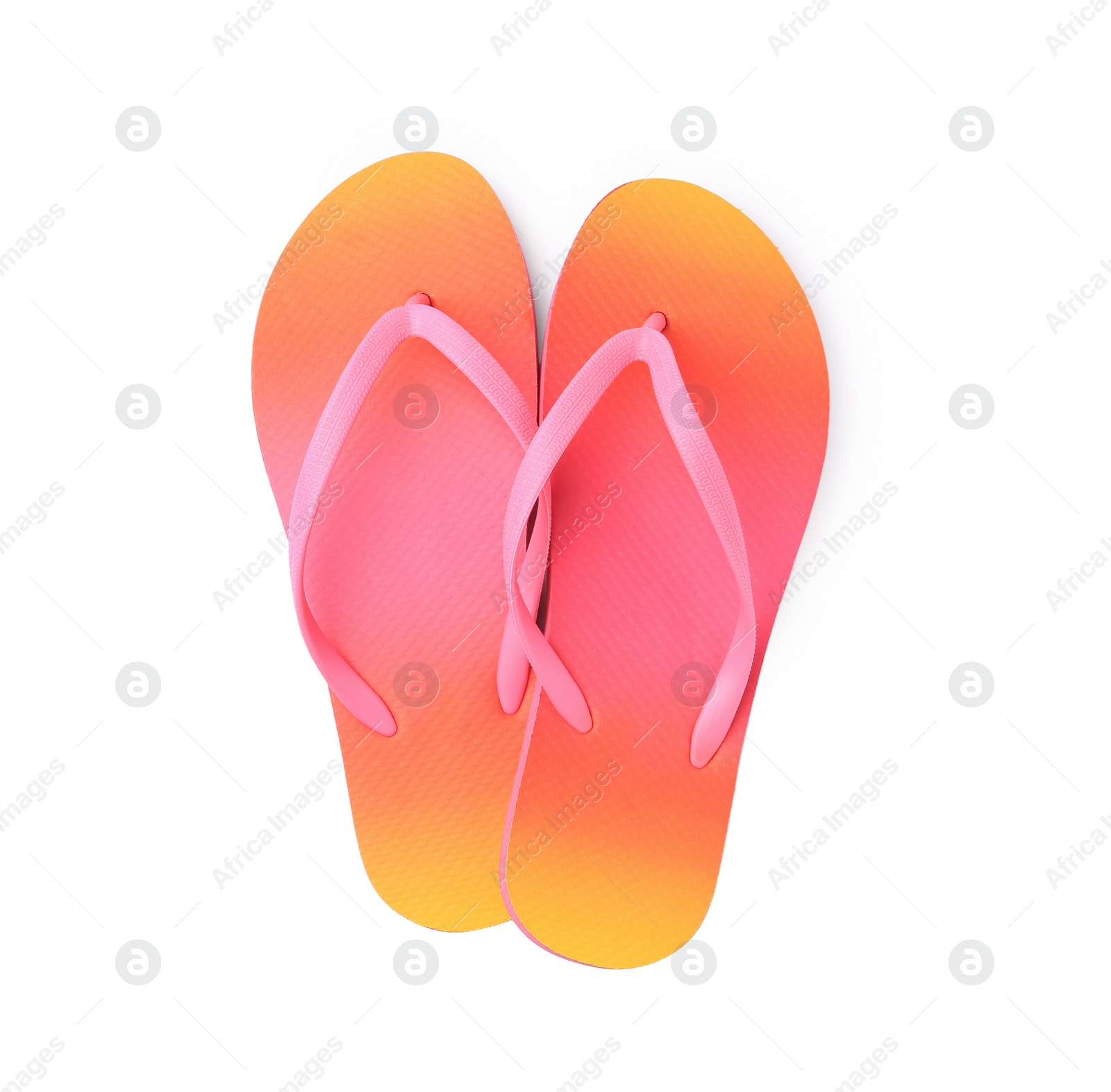 Photo of Stylish flip flops isolated on white, top view