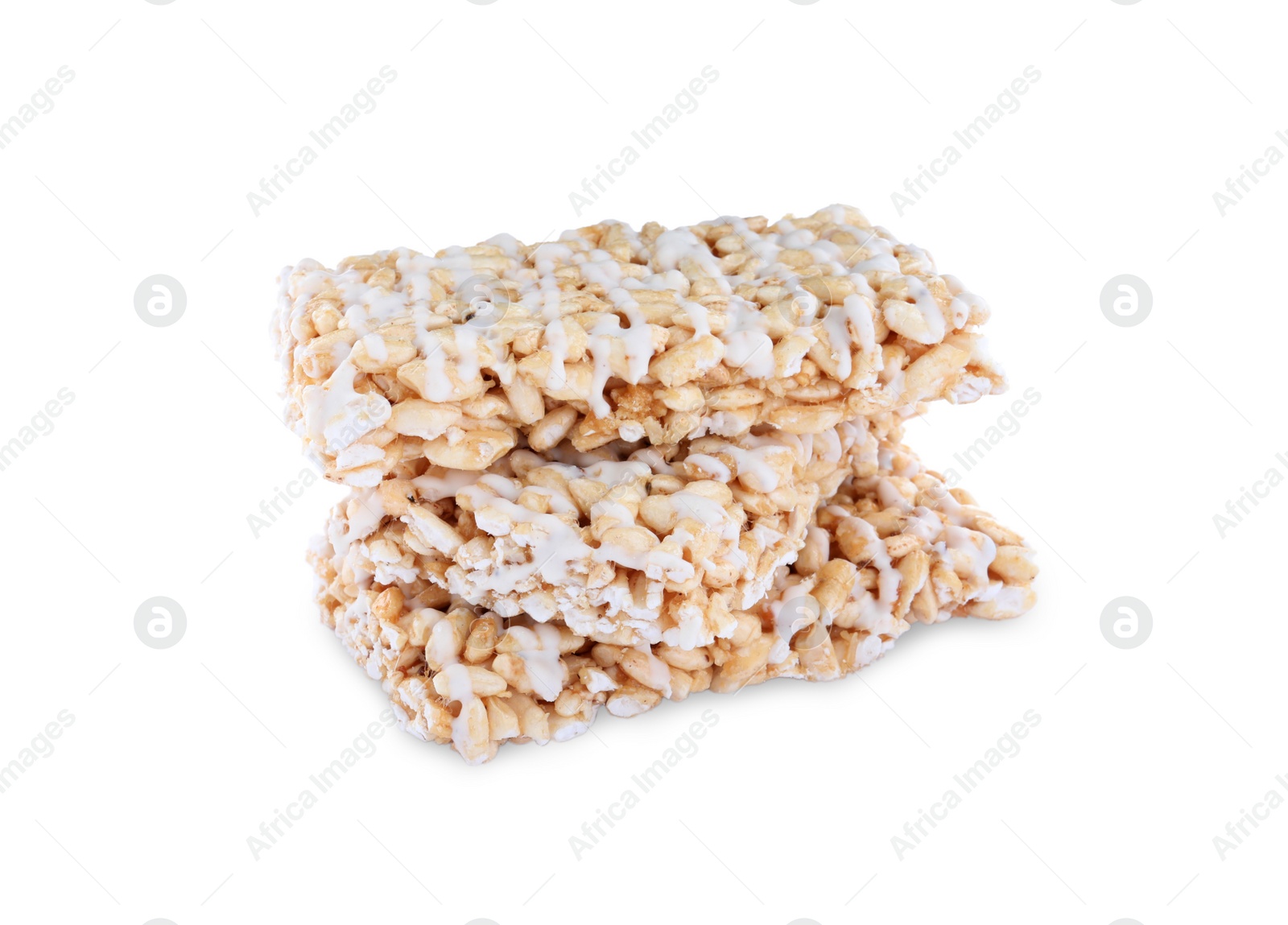 Photo of Delicious rice crispy treats on white background