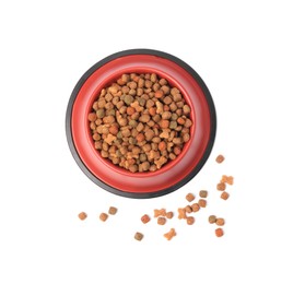 Dry pet food in feeding bowl isolated on white, top view