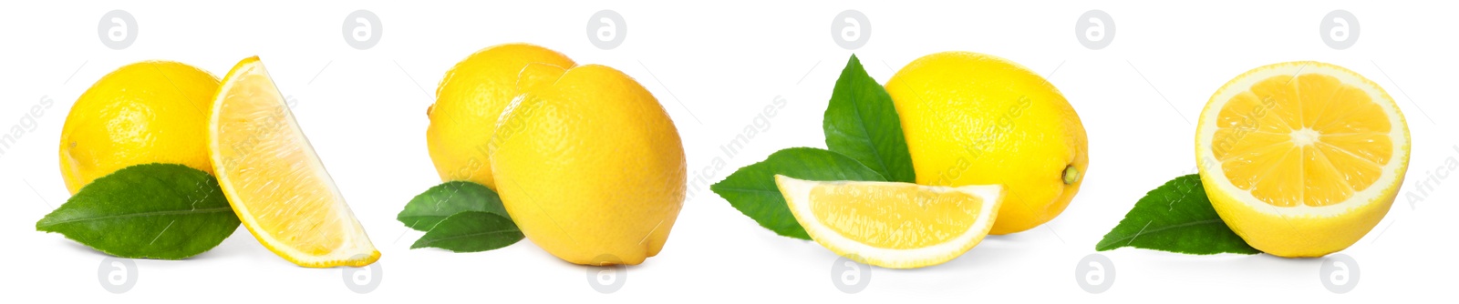 Image of Set with fresh ripe lemons on white background. Banner design 