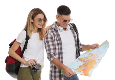 Couple with map on white background. Summer travel