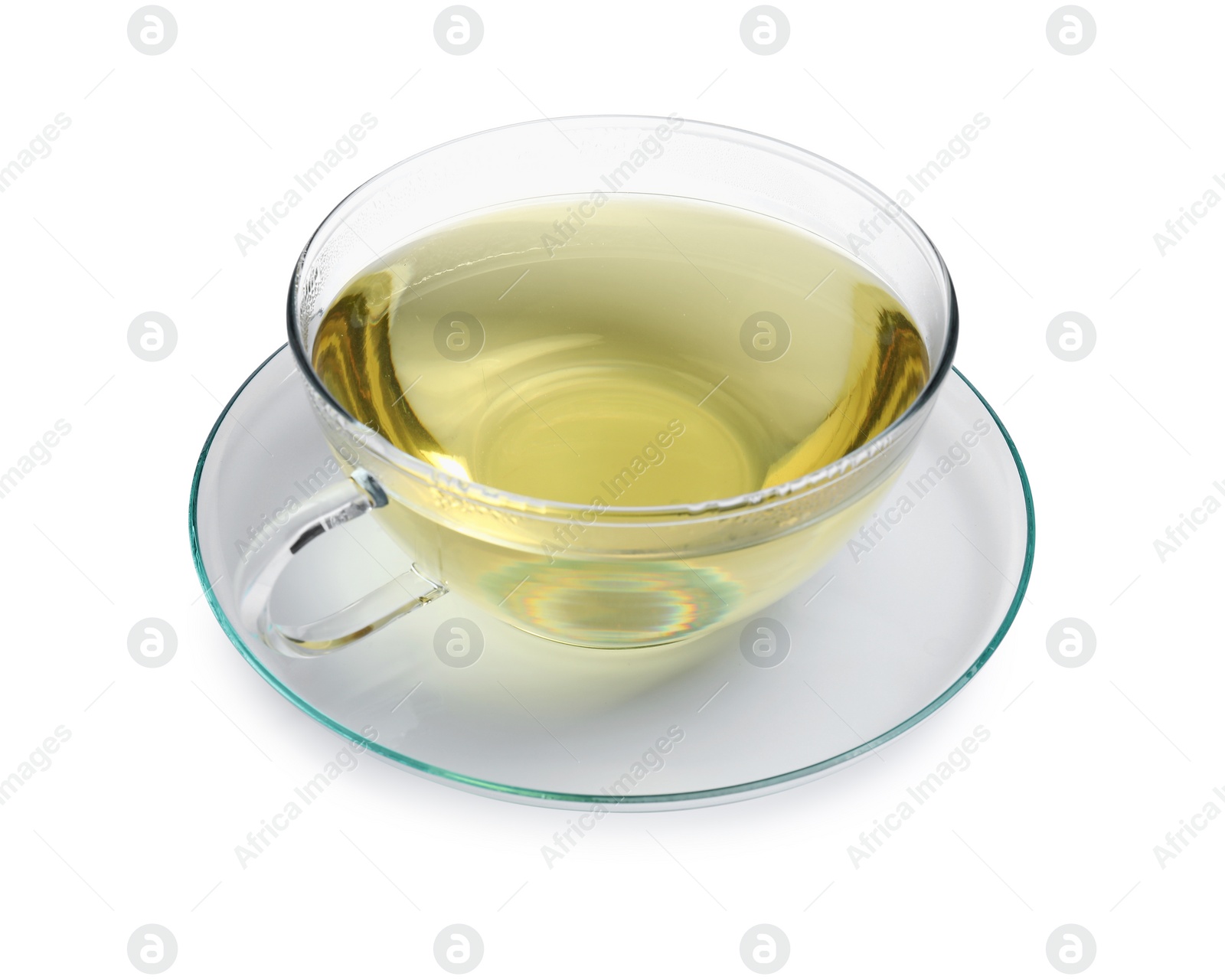 Photo of Refreshing green tea in cup isolated on white