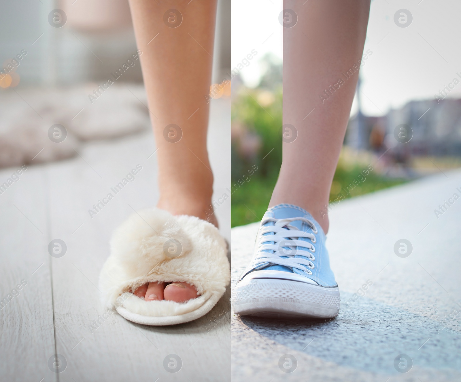 Image of Woman in different shoes, closeup. Concept of balance between work and life 