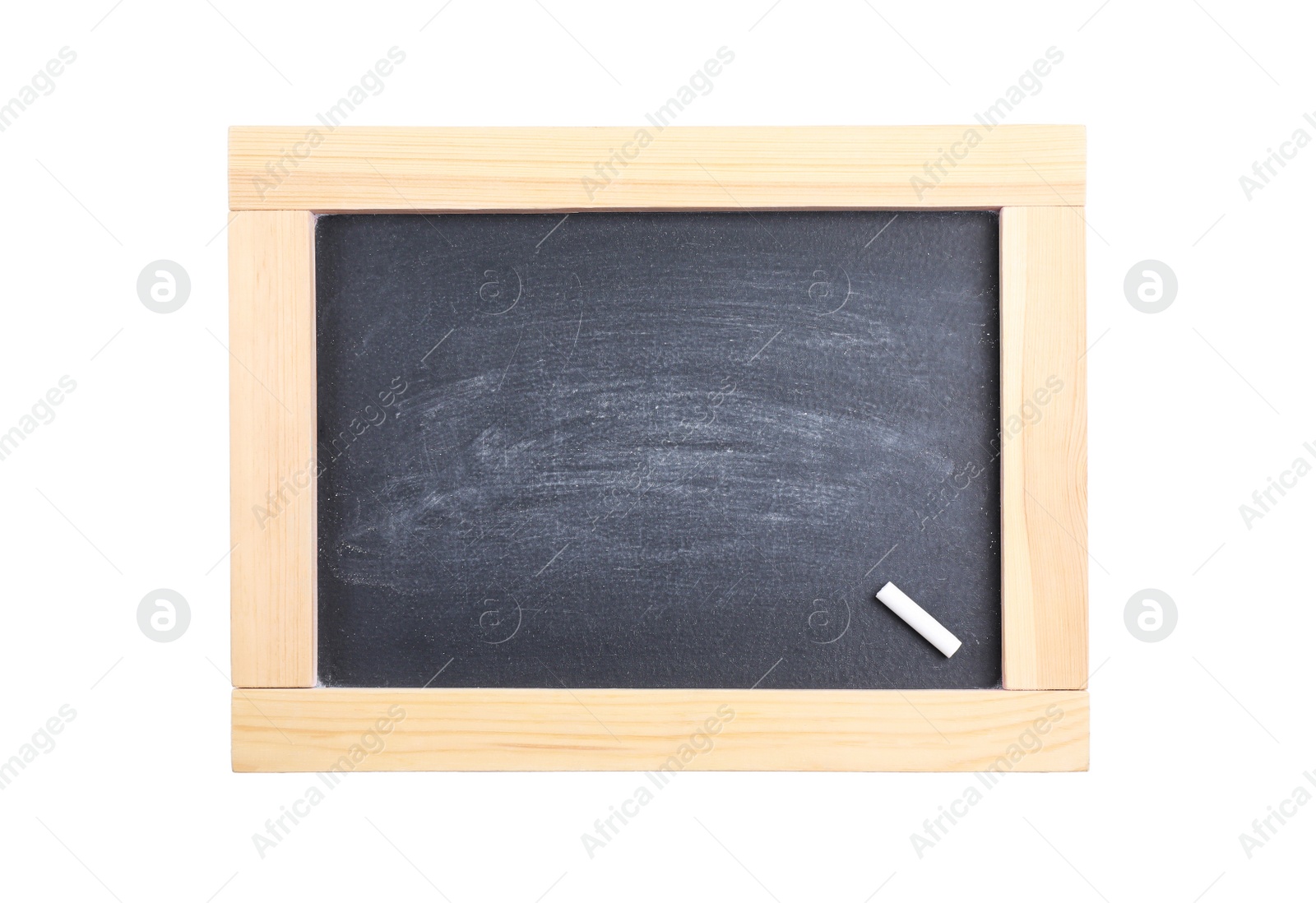 Photo of Empty blackboard with chalk isolated on white, top view. Space for text