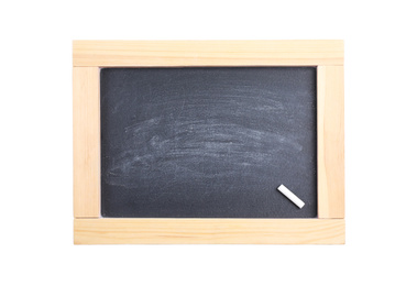 Empty blackboard with chalk isolated on white, top view. Space for text