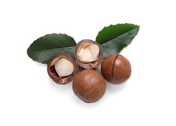Photo of Delicious organic Macadamia nuts isolated on white, top view