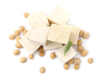 Photo of Delicious tofu cheese, basil and soybeans isolated on white, top view