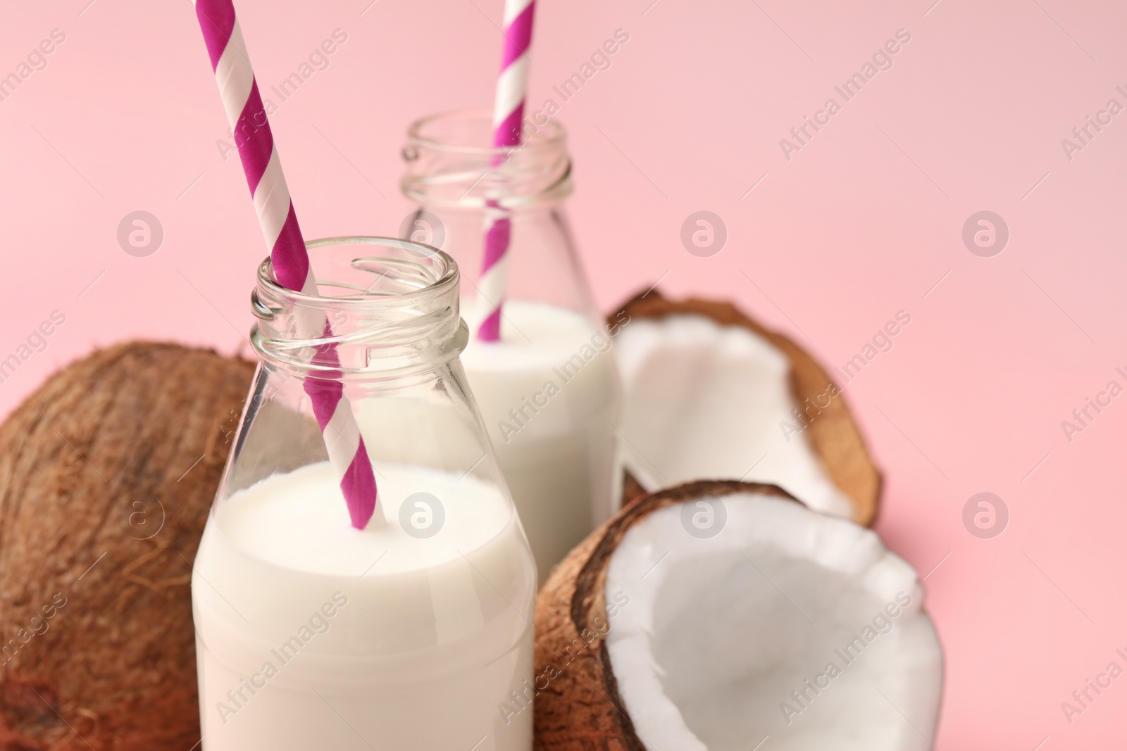 Photo of Delicious vegan milk and coconuts on pink background, closeup. Space for text