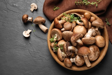 Photo of Different fresh wild mushrooms in bowl on black background, flat lay