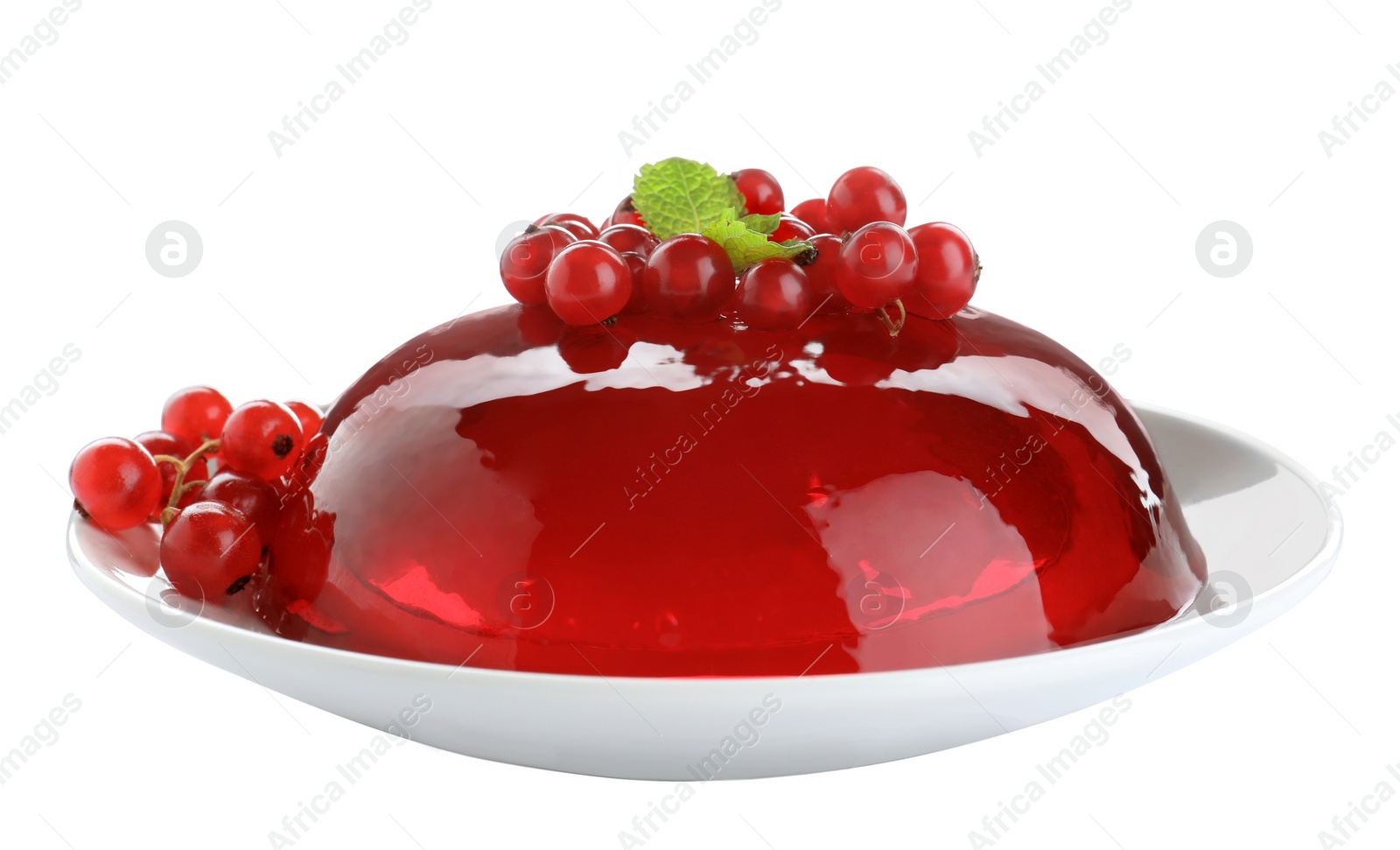 Photo of Delicious fresh red jelly with berries and mint on white background