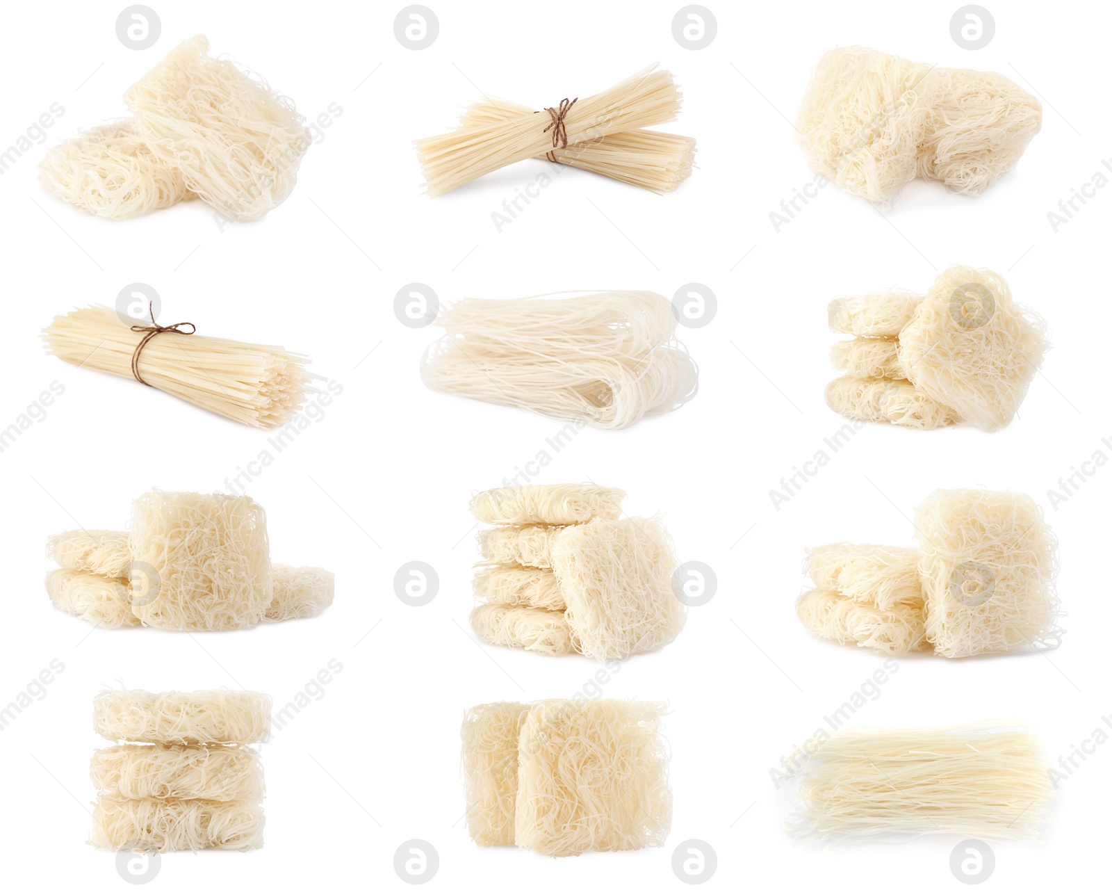 Image of Set with dried rice noodles on white background