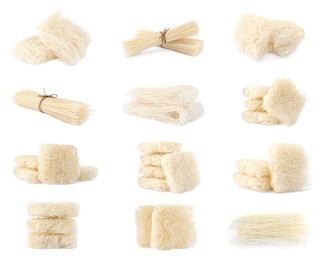 Image of Set with dried rice noodles on white background