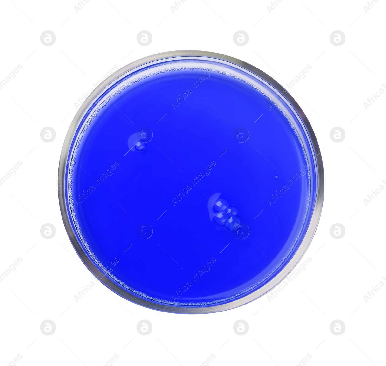 Photo of Petri dish with red liquid sample on white background, top view