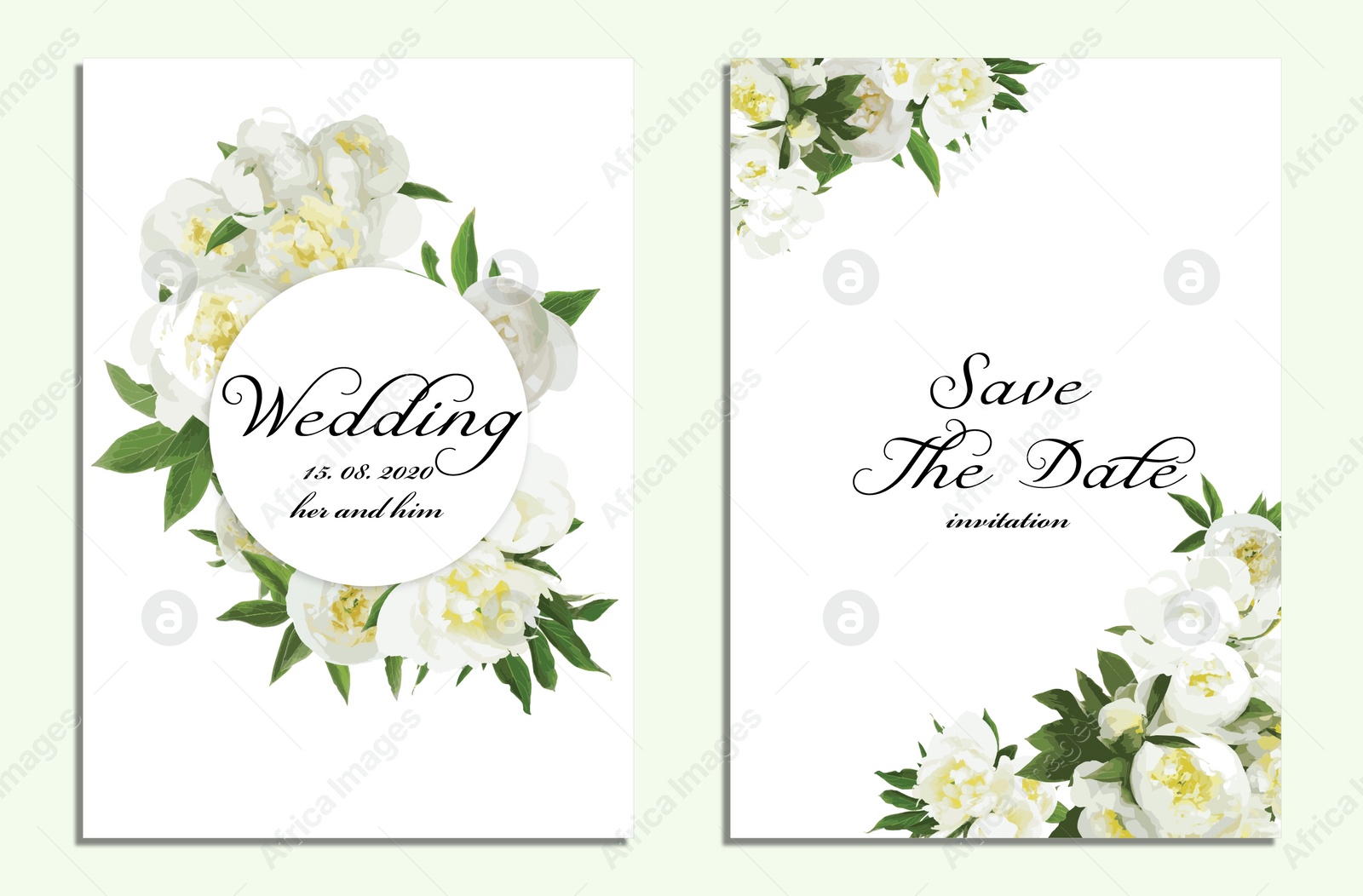 Image of Beautiful wedding invitation and Save The Date with floral design on light background, top view