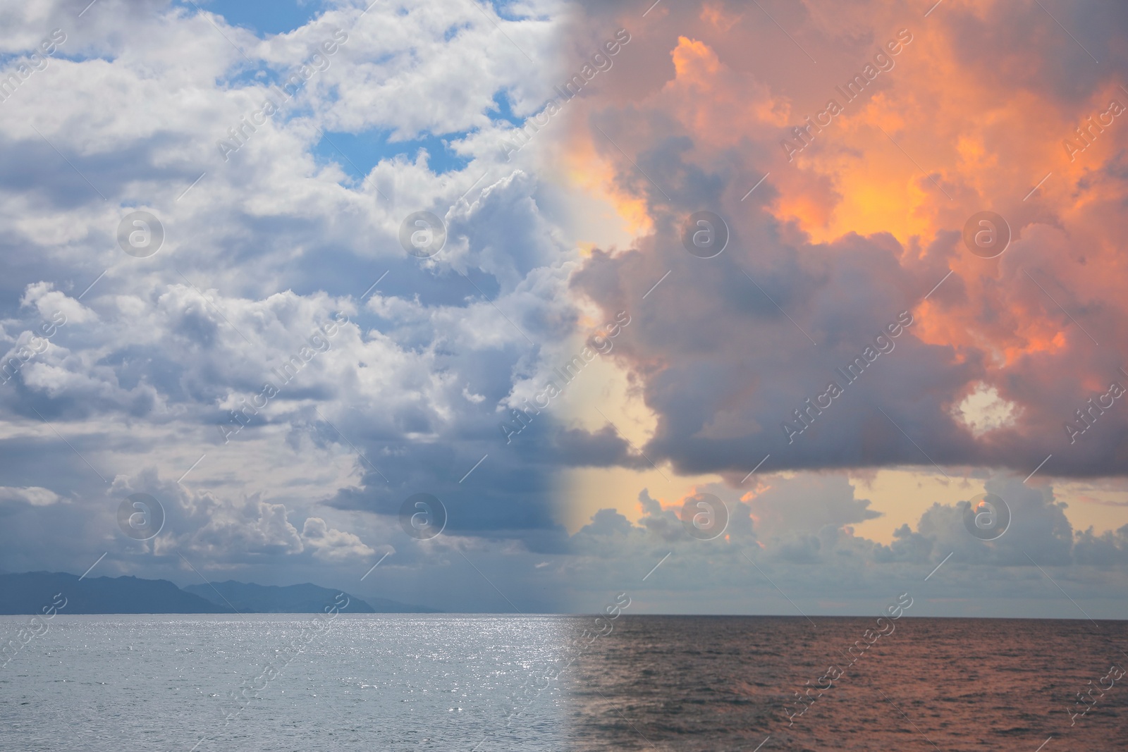 Image of Different weather conditions at sea, collage of photos