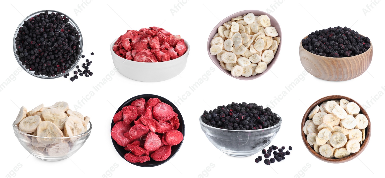 Image of Set with different freeze dried berries and bananas on white background. Banner design