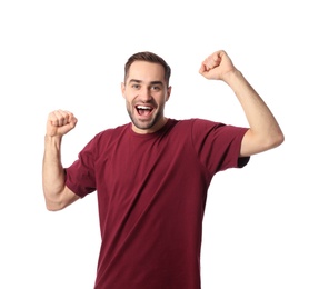 Portrait of emotional handsome man on white background