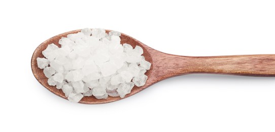 Photo of Wooden spoon with natural sea salt isolated on white, top view