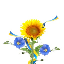 Image of Bright sunflowers, Ukrainian national flag and flax flowers on white background